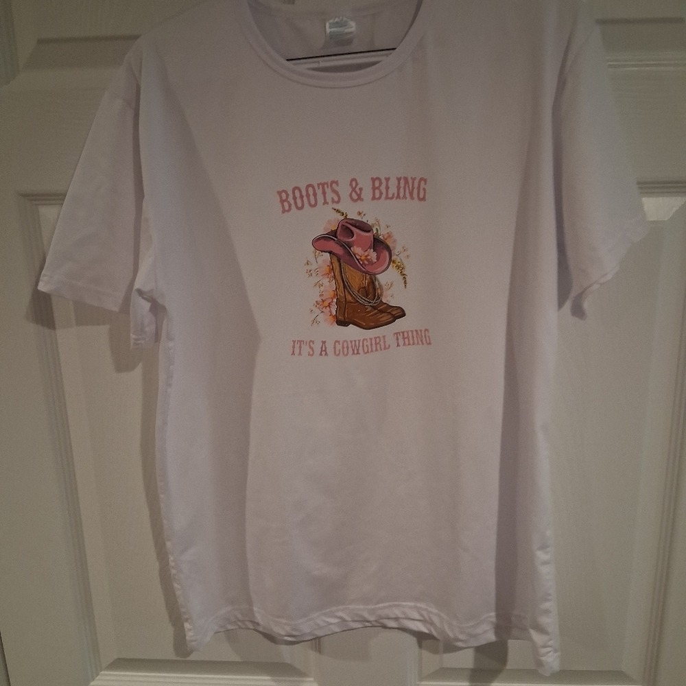 Women's White T-shirt Graphic, Boots & Bling It's A Cowgirl Thing Size L.